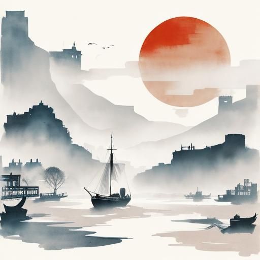 Steampunk River Thames Boat in a Vintage European Ink Painti...