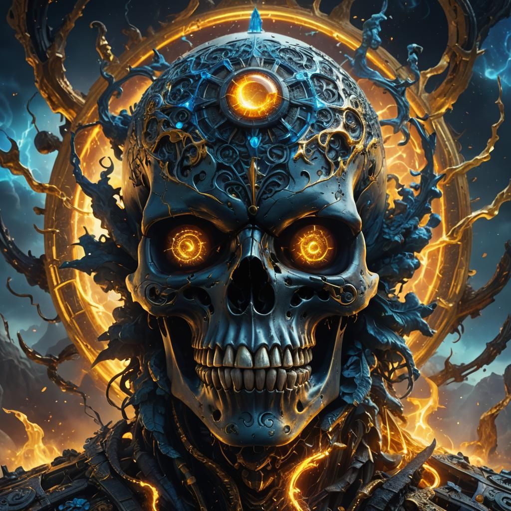 Ancient Skull Beholds Celestial Fury in Vibrant Blue