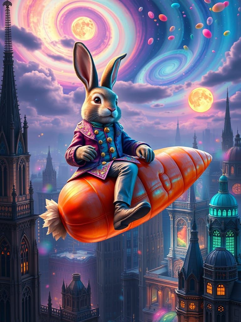 Easter Bunny Rides Whimsigoth Cityscape in Golden Waistcoat