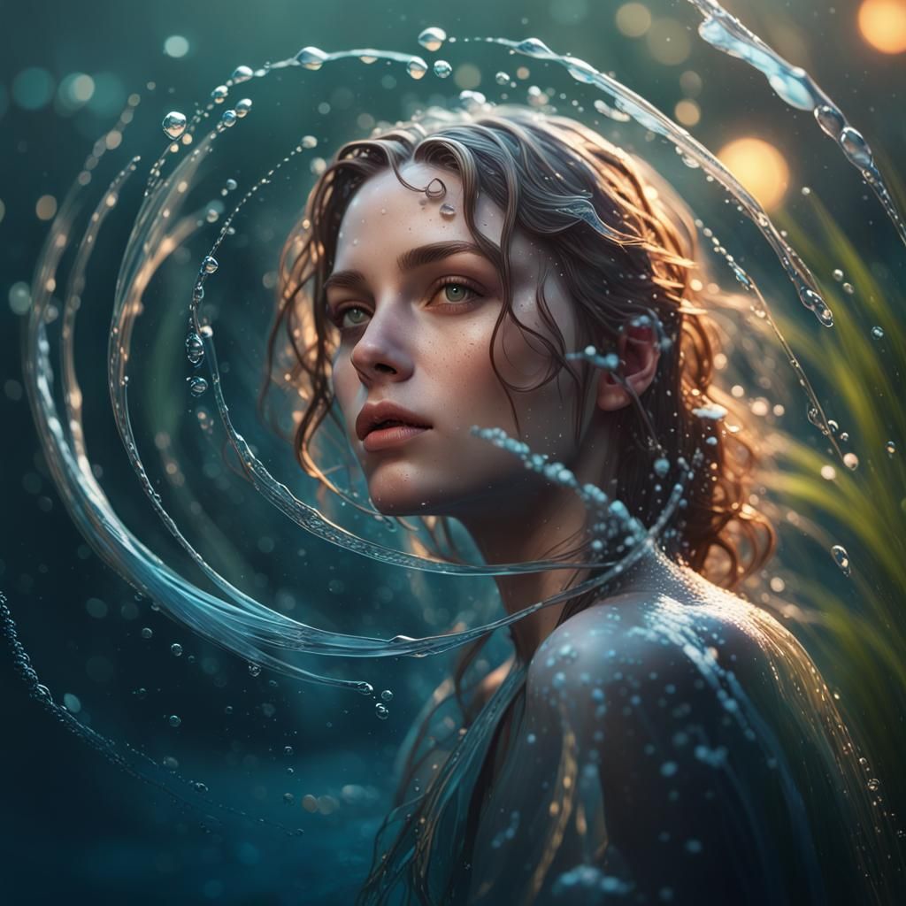 Vibrant Portrait of a Drowned Figure in a Dynamic Underwater...