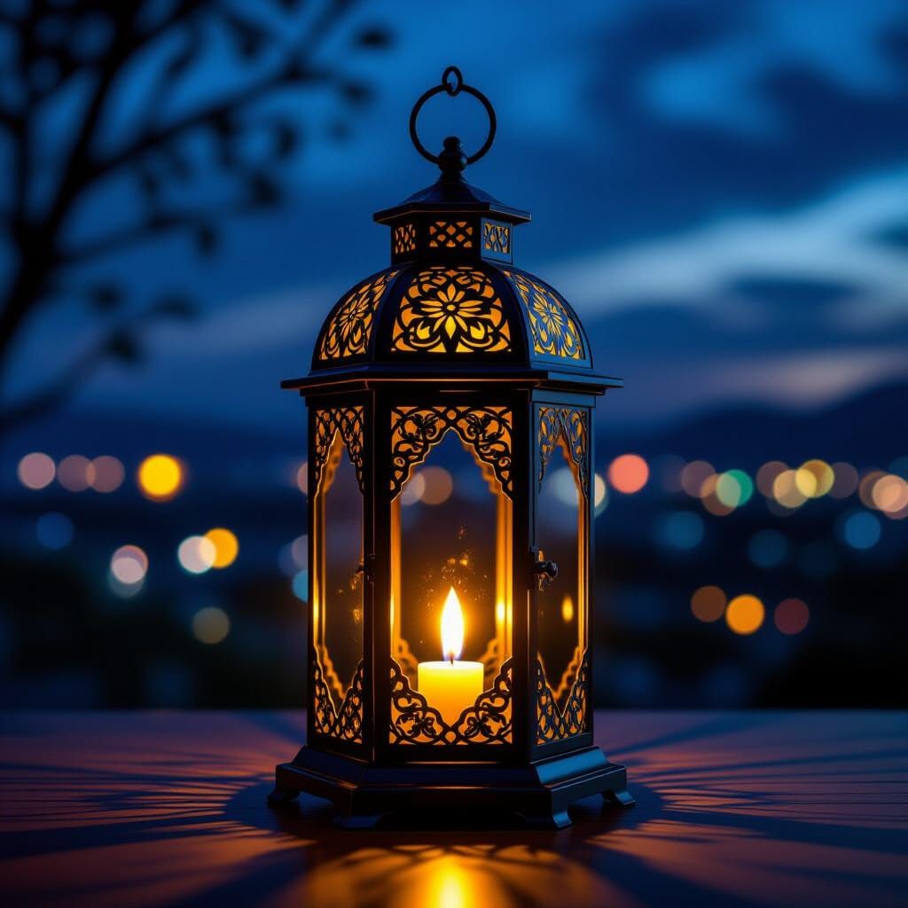 Ornate Lantern with Gold Filigree at Night