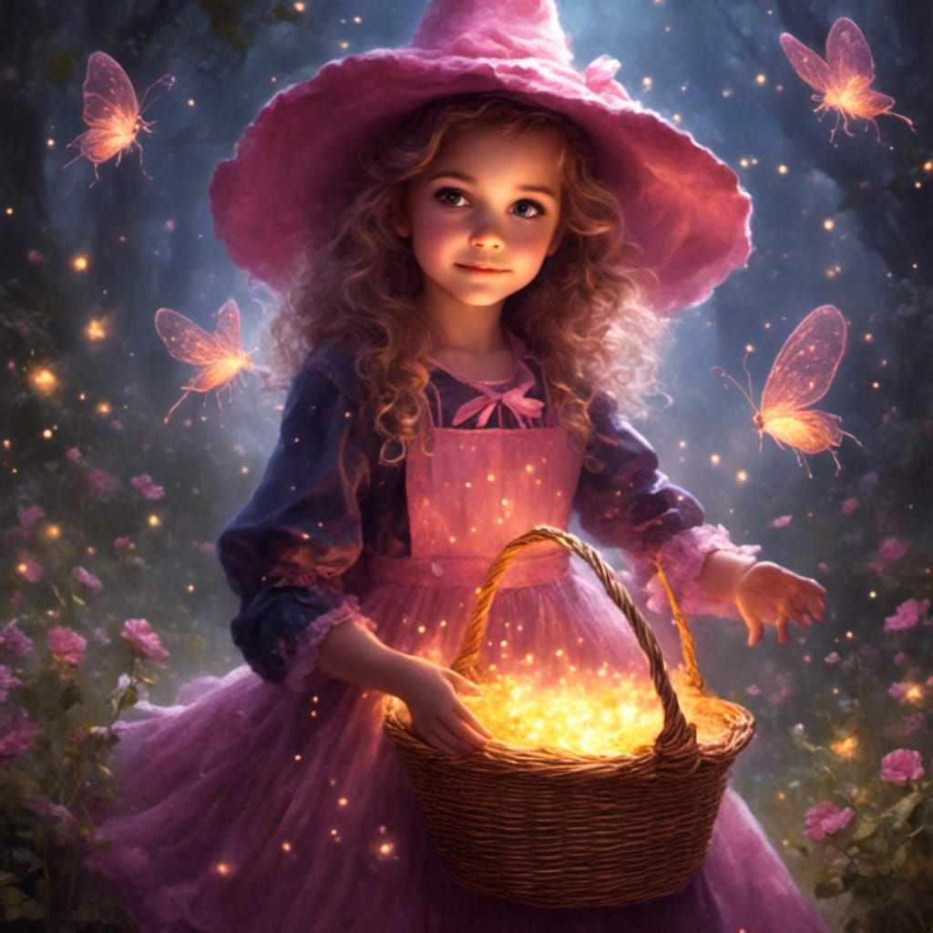 Surreal Cartoon Witch Girl with a Basket of Fireflies