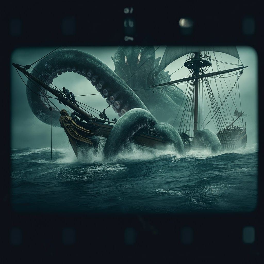 Surreal Underwater Epic: Colossal Kraken Battles Worn Ship i...