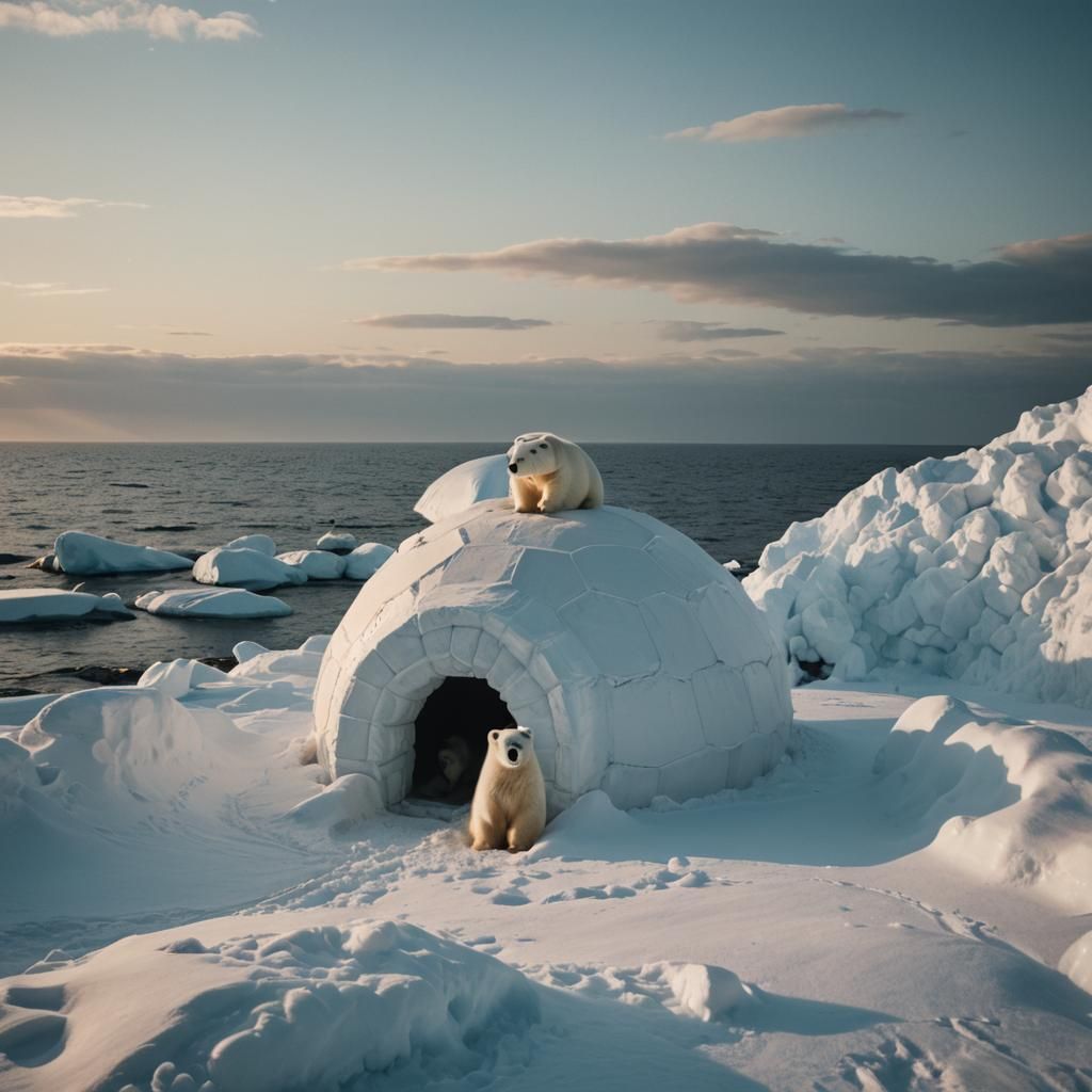 Surreal White Polar Bear on Icy Landscape with Vignette Styl...