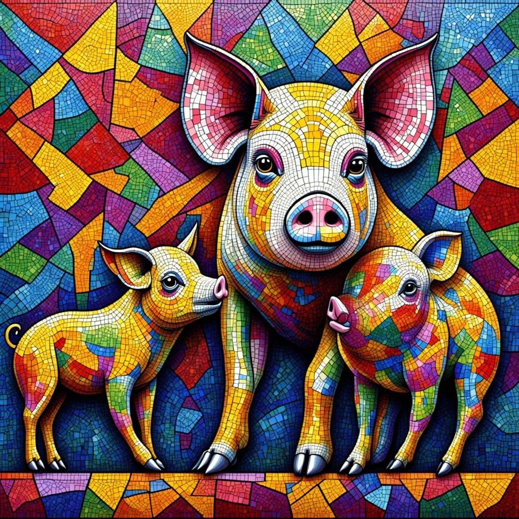 Vibrant Mosaic Art of Mother Pig and Piglets