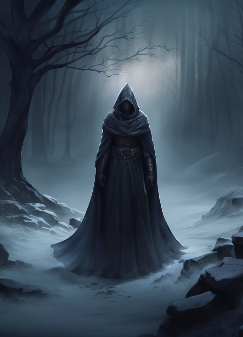 Mysterious Dark Fantasy Medieval Traveler in Winter Wonderla...