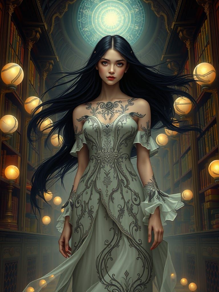 Celestial Woman in Grand Library: Art Nouveau Digital Painti...