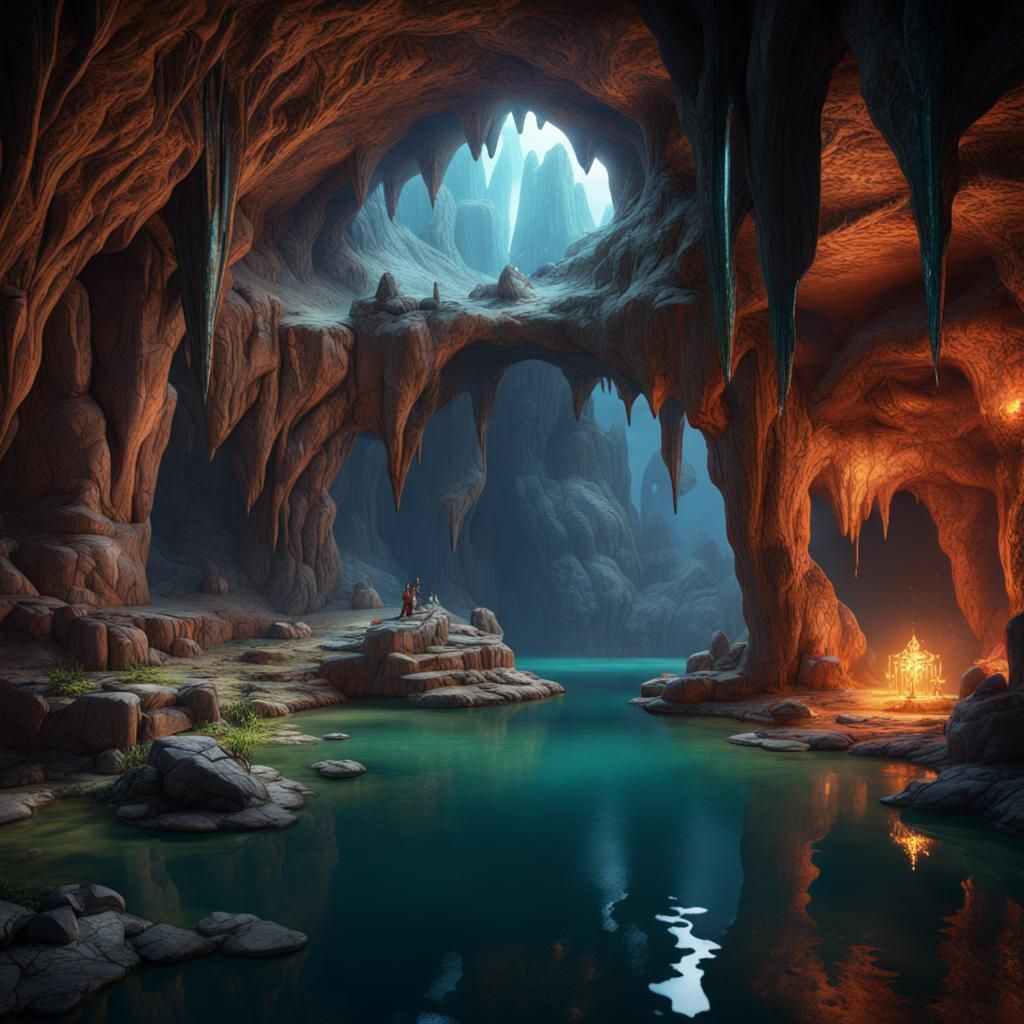 Surreal Cave of Jewels and Luminous Lake