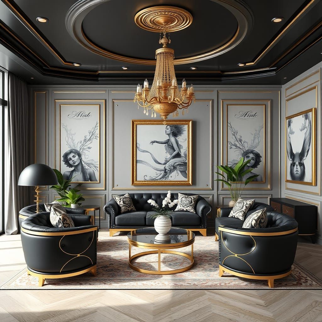 Luxurious Black Satin and Gold Living Room in 3D