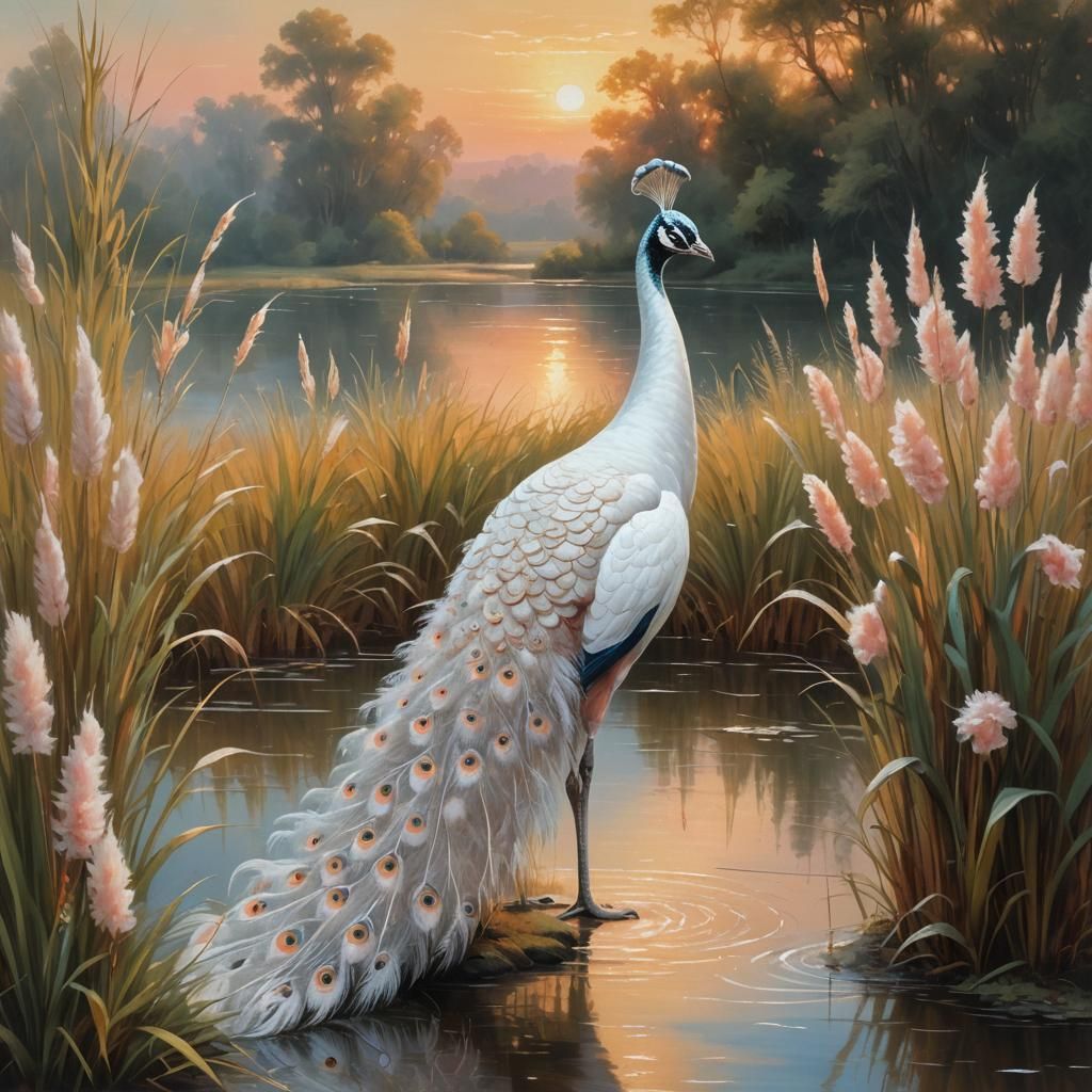 Baroque Masterpiece: White Peacock Amidst Cat Tails Reflecti...