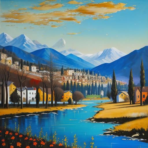 Charming Landscape Oil Painting in Mimmo Rotella Style