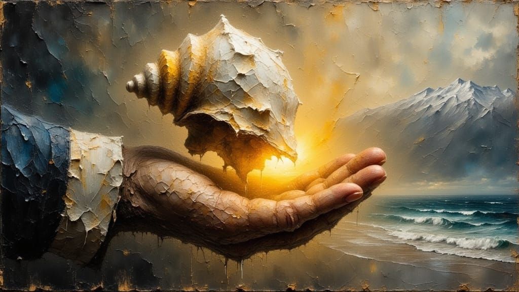 Aged Hand Holds Glowing Seashell on Mountain Horizon