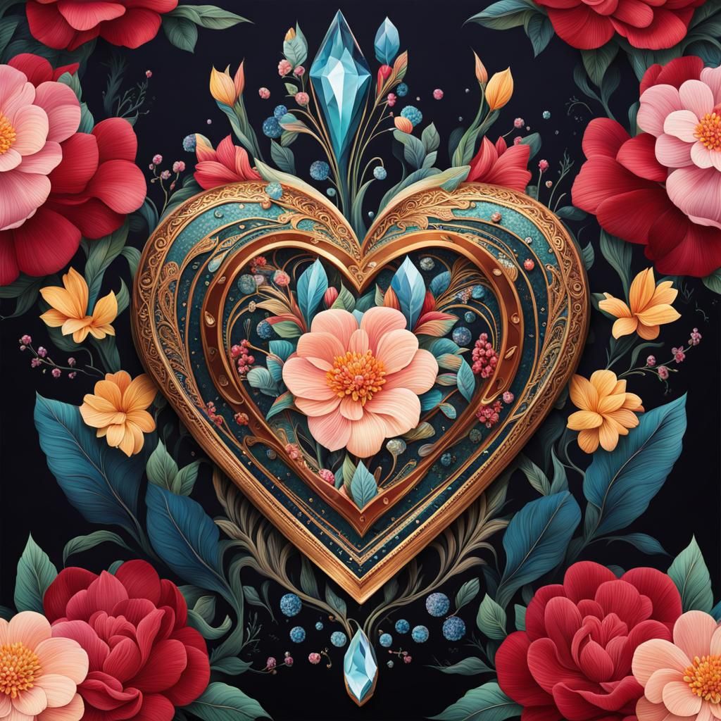 Crystal Heart Blooms in Vibrant Art