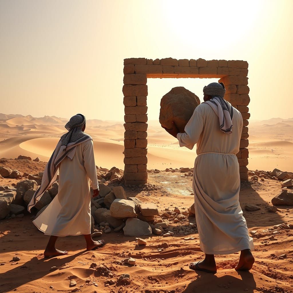 Desert Laborers in Traditional Attire Work on a Construction...
