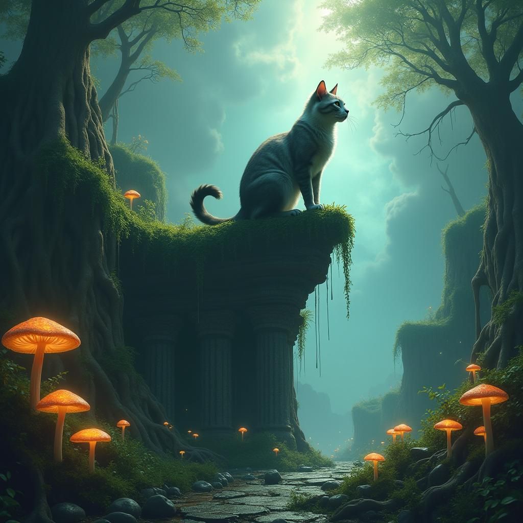 Majestic Cat Amid Ancient Ruins in Dreamlike Cyberpunk Art