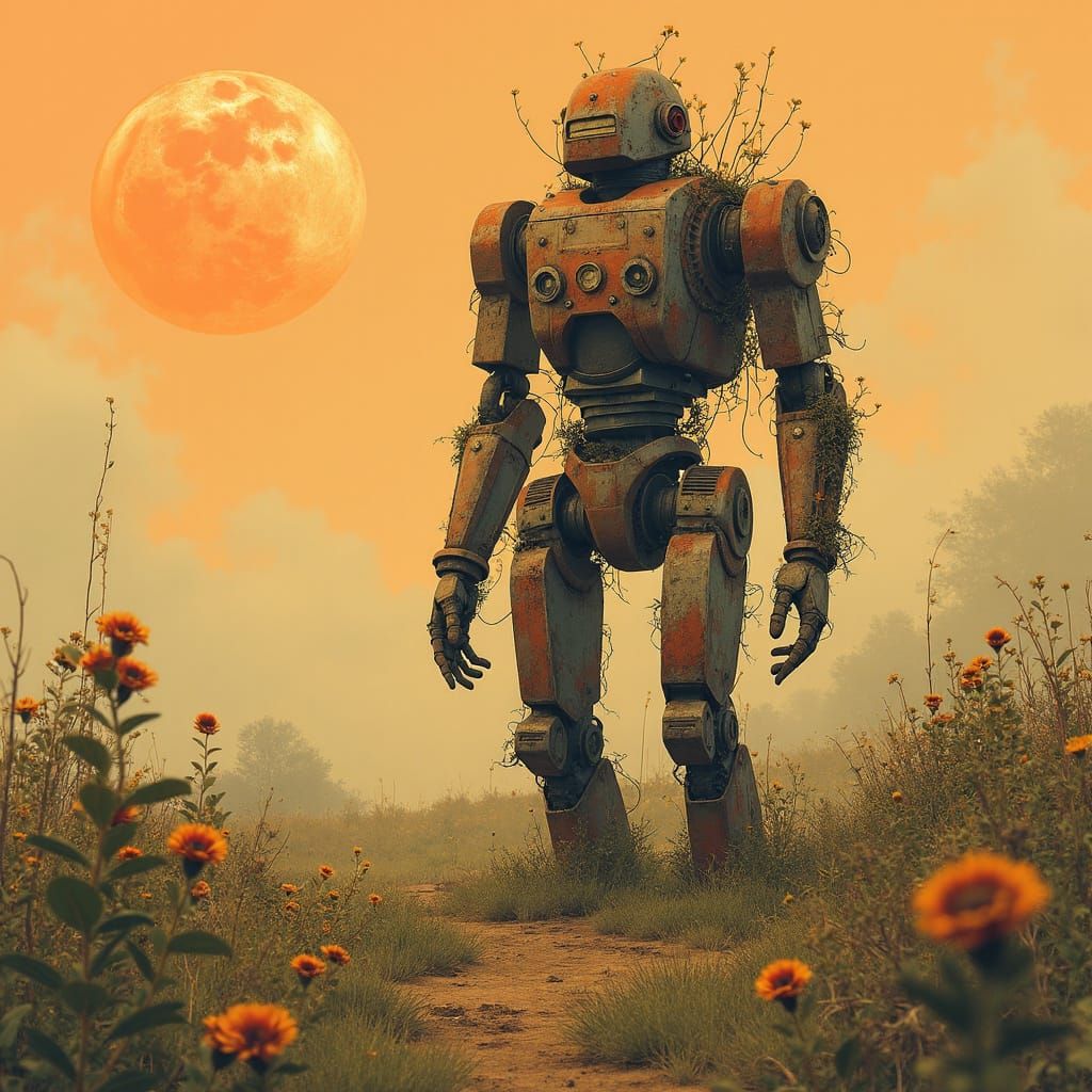 Deactivated Vintage Robot in Alien Field