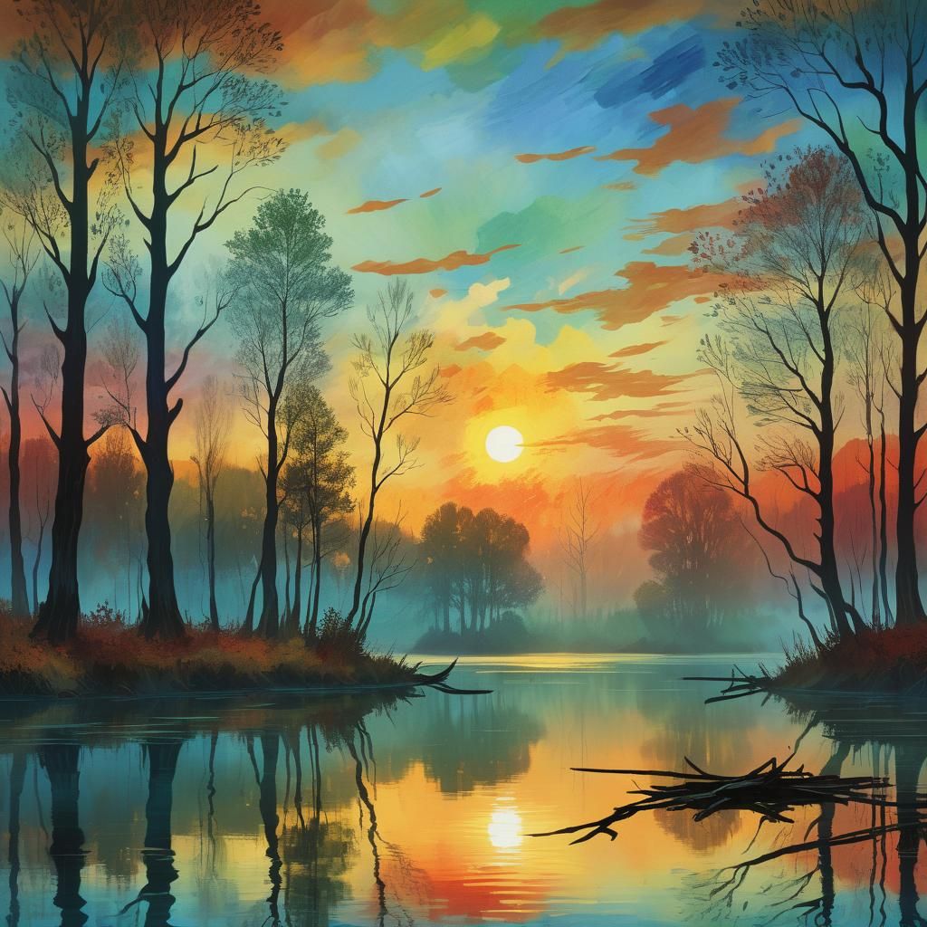 Serene sunset over calm mist covered lake, Reflective water ...