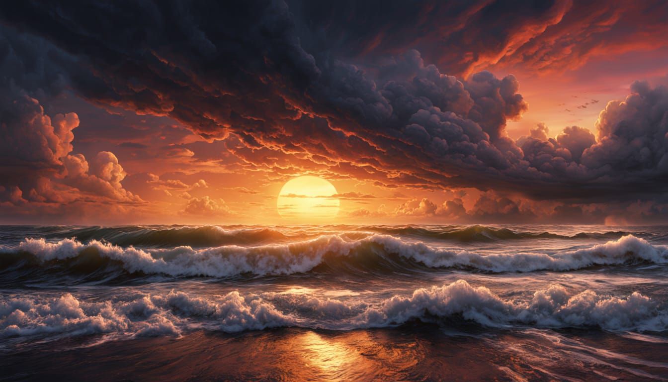 Cinematic Sunset Over a Churning Sea Digital Painting