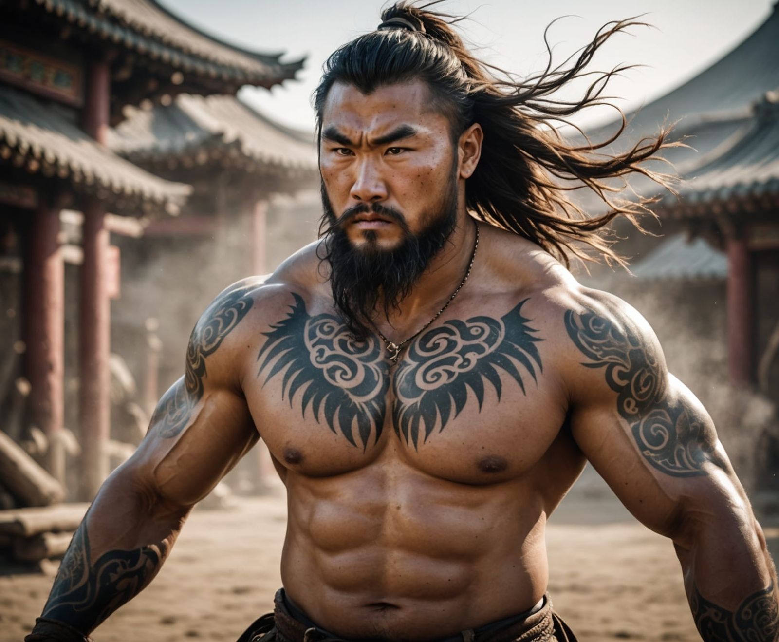 Heroic Mongolian Warrior with Tattoos in Natural Lighting