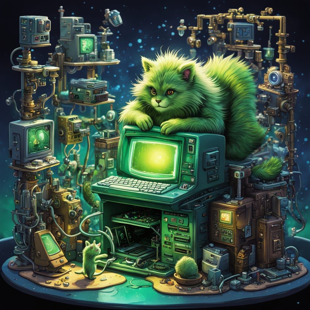 Miniature Green Furry Fixing Computer: Comic Book Art