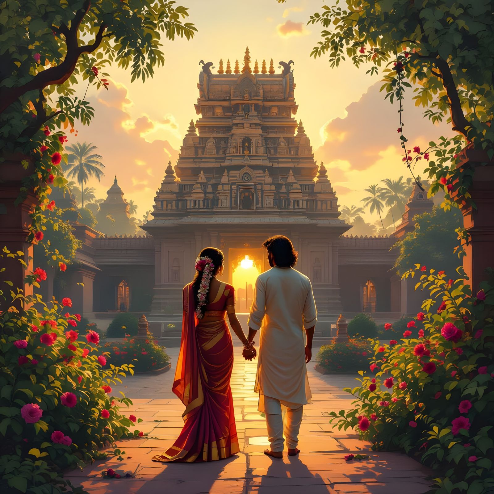 Majestic Indian Temple at Sunrise with Lush Flora