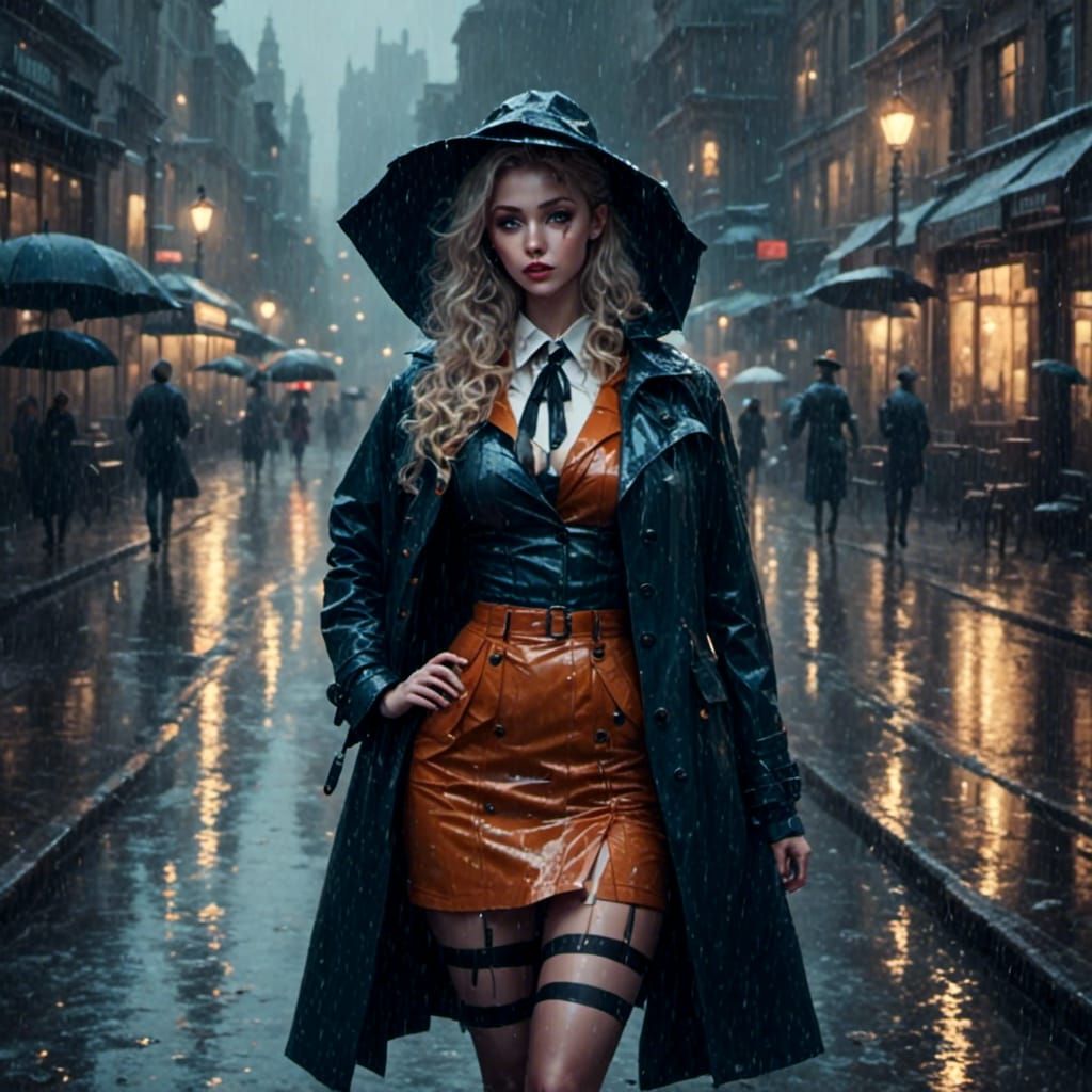Glamorous Retro Rockabilly Girl Walks City Streets in Rainy...