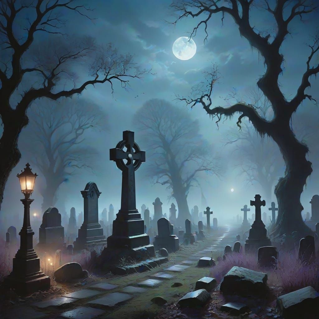 Surreal Cemetery Scene in Dark Romanticism Style