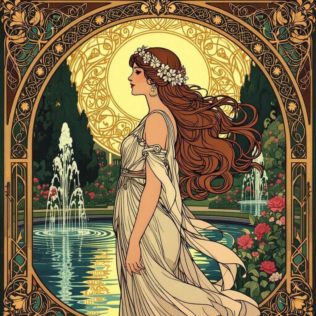 Art Nouveau Woman in Geometric Dream Garden