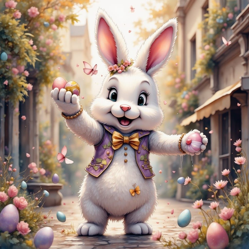Easter Bunny Delivers Eggs in Vintage Cityscape