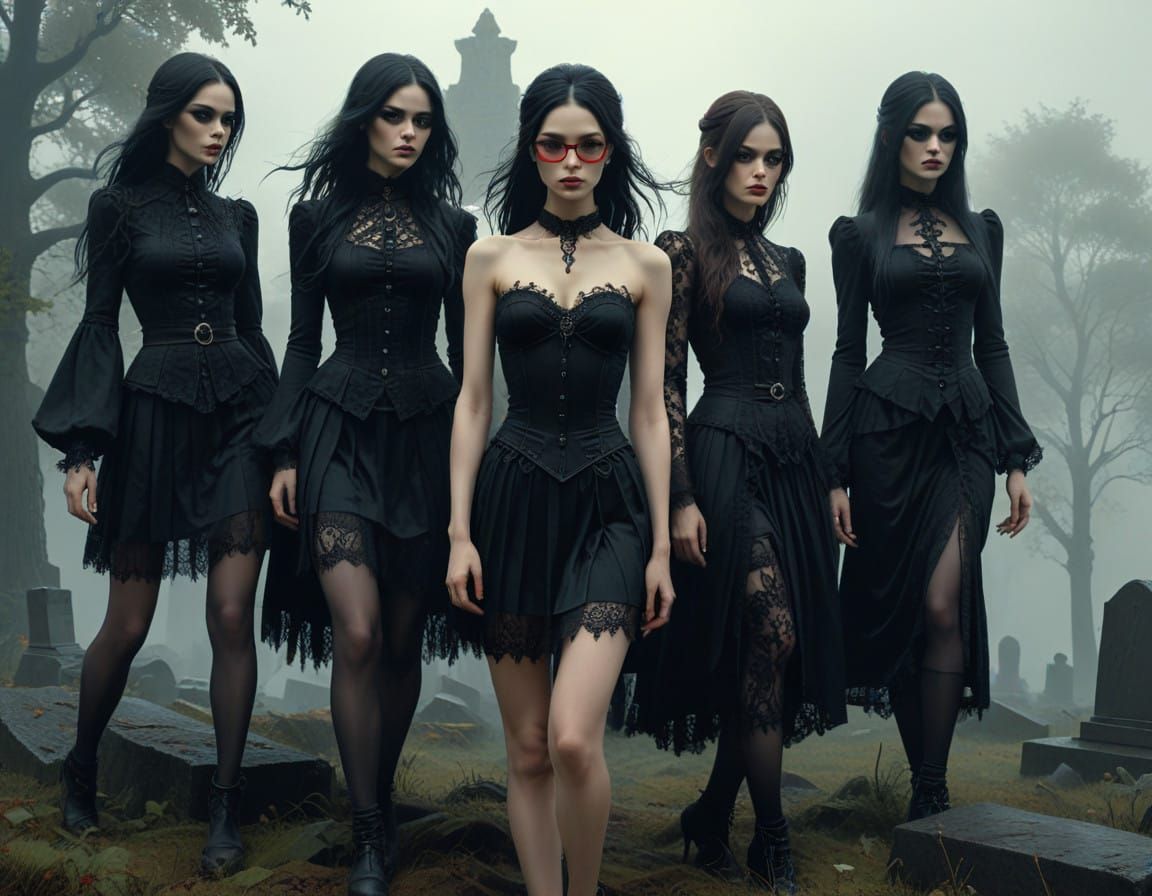 Elegant Gothic Women in Mourning Attire, Mini Skirts, and Ca...