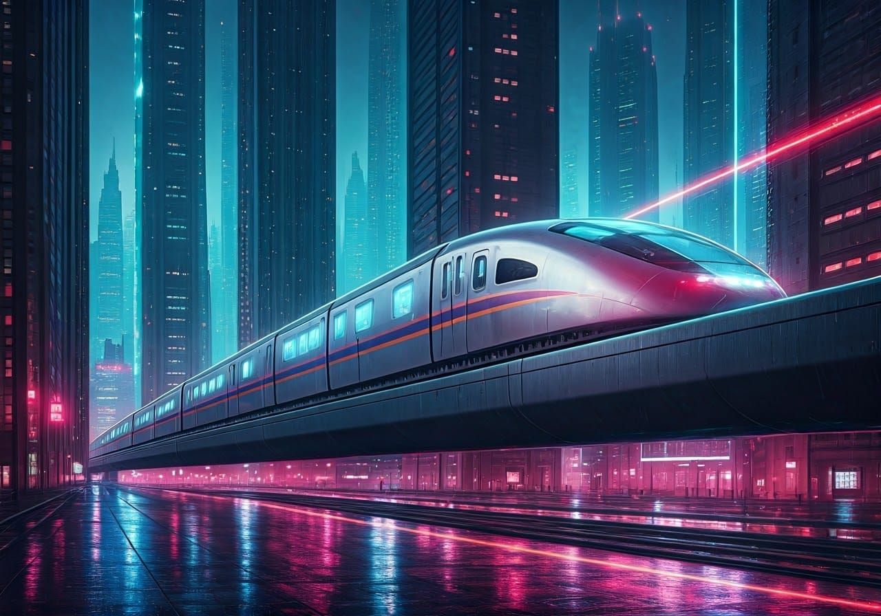 Cyberpunk Silver Maglev Train in Neon City