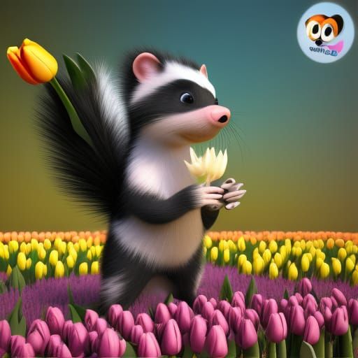 Whimsical 3D Portrait of a Cute Skunk Holding a Tulip