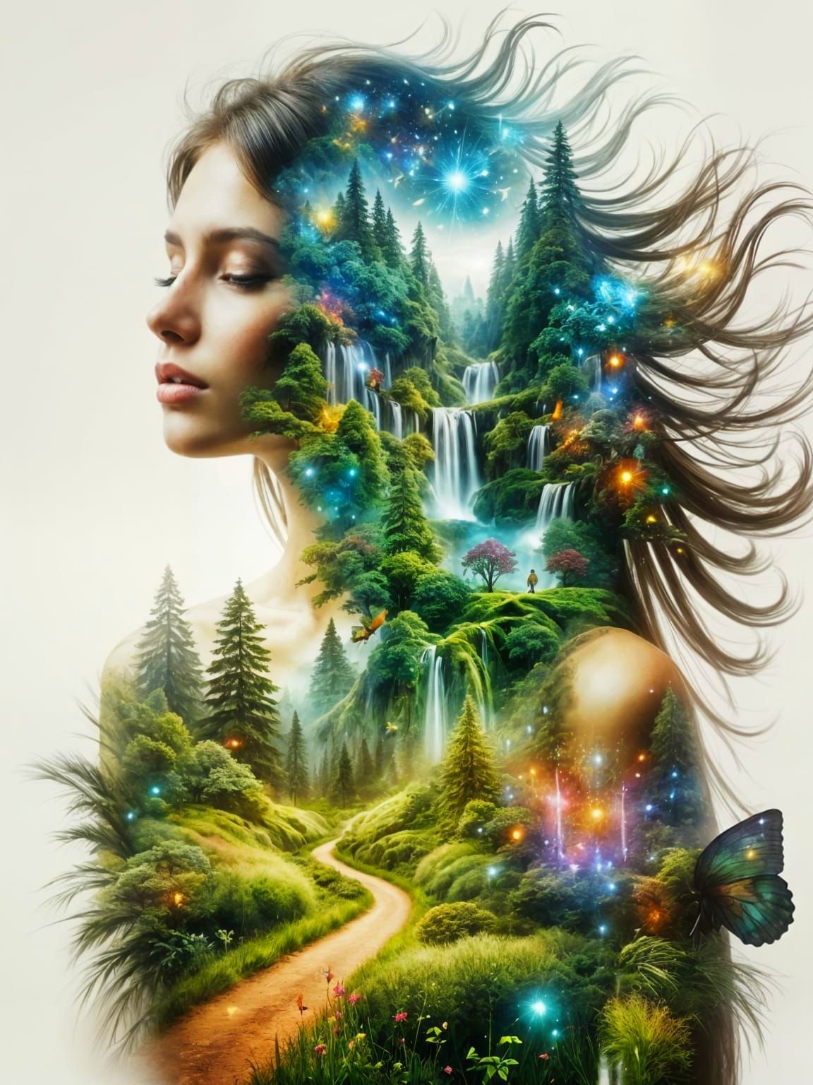 Beautiful Woman Double Exposure Portrait in Digital Painting...