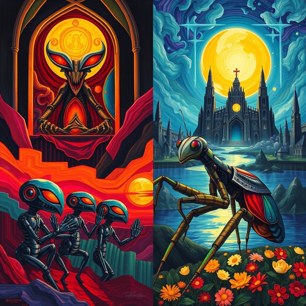Vibrant Fauvist Aliens Worship a Glowing Sun in a Swirling L...