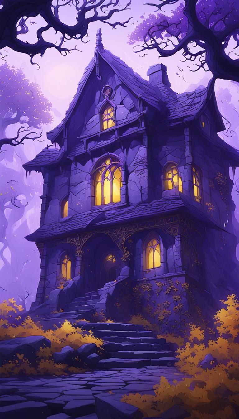 Dark Fantasy Stone House in Vibrant Purple and Yellow Hues