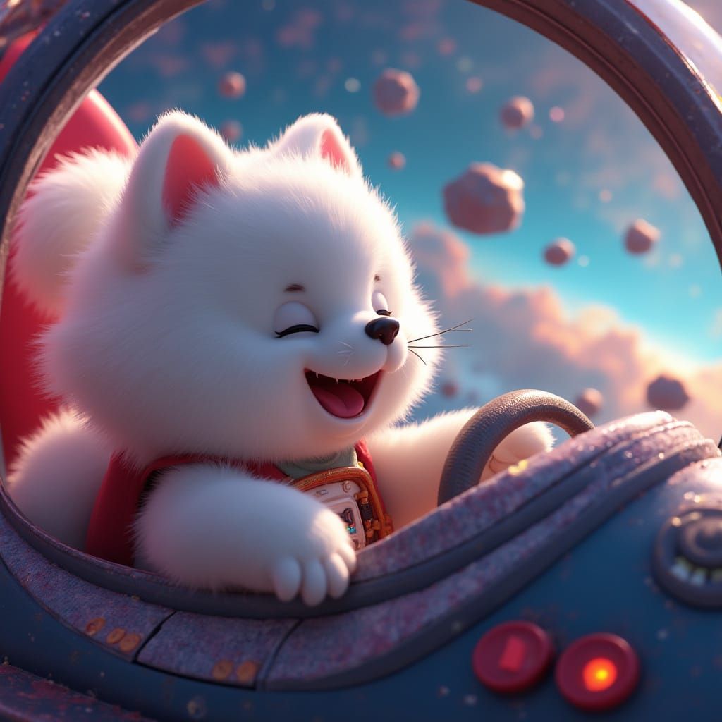 Samoyed Puppy Pilots Spaceship in Pixar Animation Style