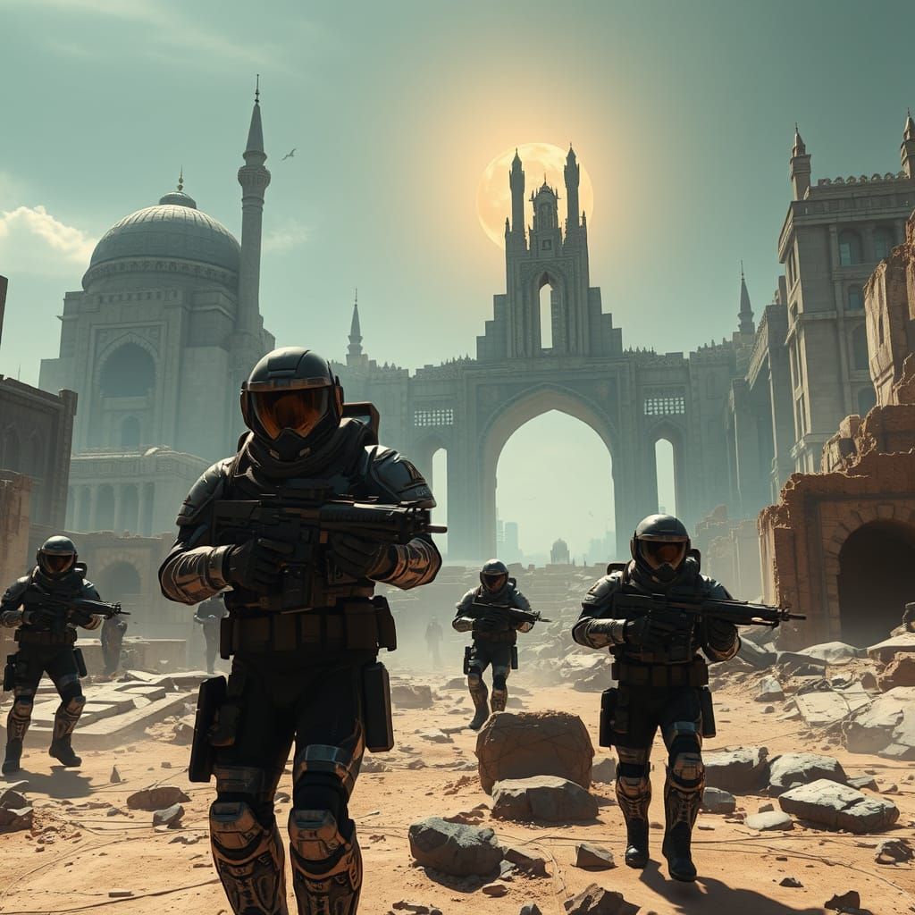 Futuristic Muslim Space Marines Explore Alien City Ruins