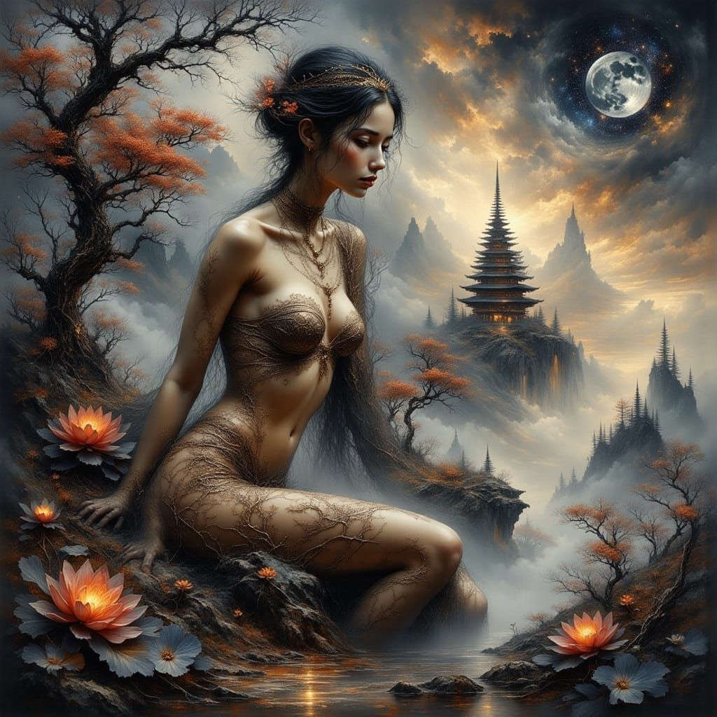 Ethereal Japanese Goddess in Spectral Castle Oil Painting