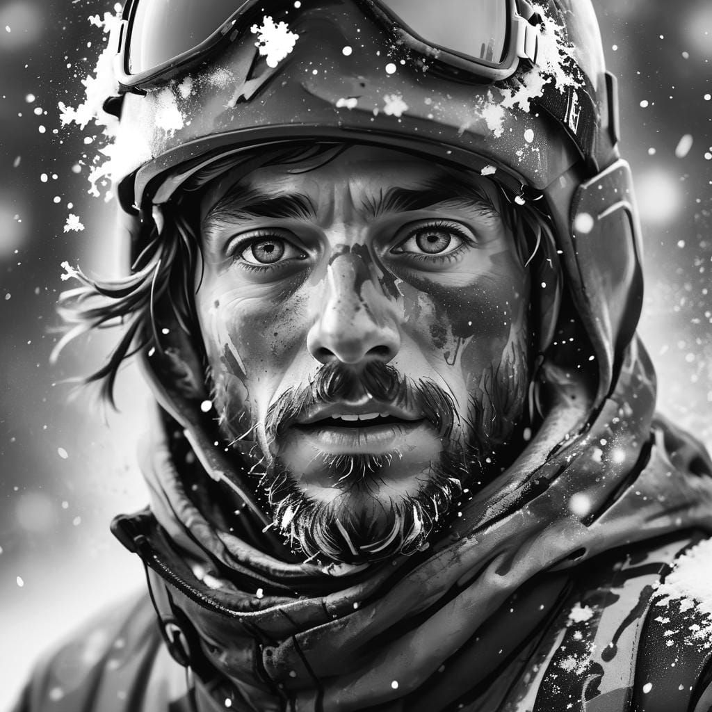 Snowboarder in Close-Up Portrait with Vibrant Board