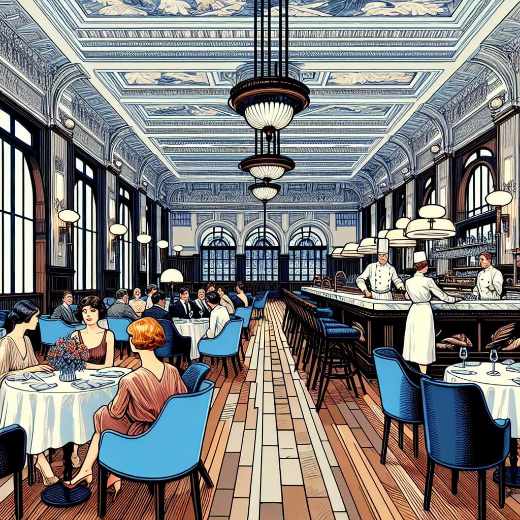 Vibrant Milanese Seafood Restaurant Scene with Pre-1912 Flat...