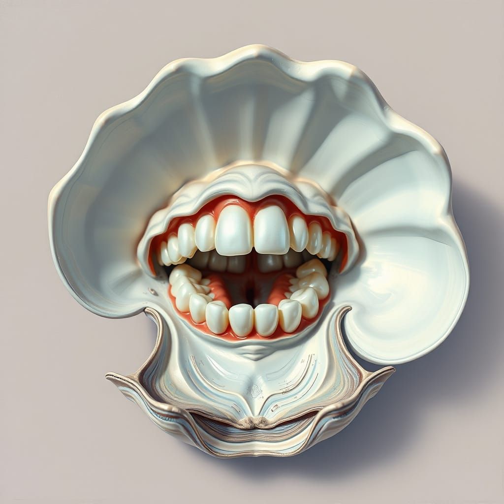 Surreal Clam Shell with Pearly Teeth Smile