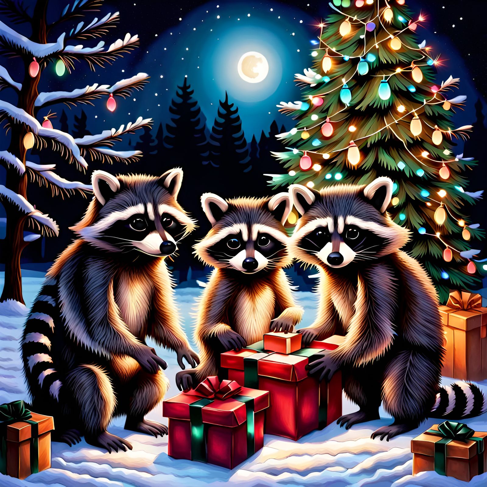 Raccoon Family Celebrates Christmas Under Starry Night Sky