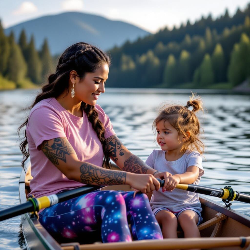 Native Woman Teaches Daughter Rowing on Lake
