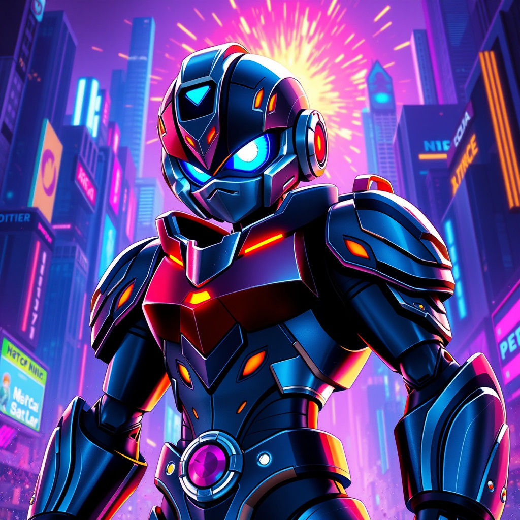 Metallic Hero in a Neon-Lit Cityscape