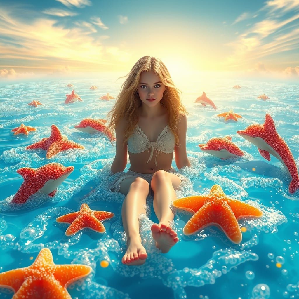 Woman on Soda Sea with Candy Dolphins, Digital Art