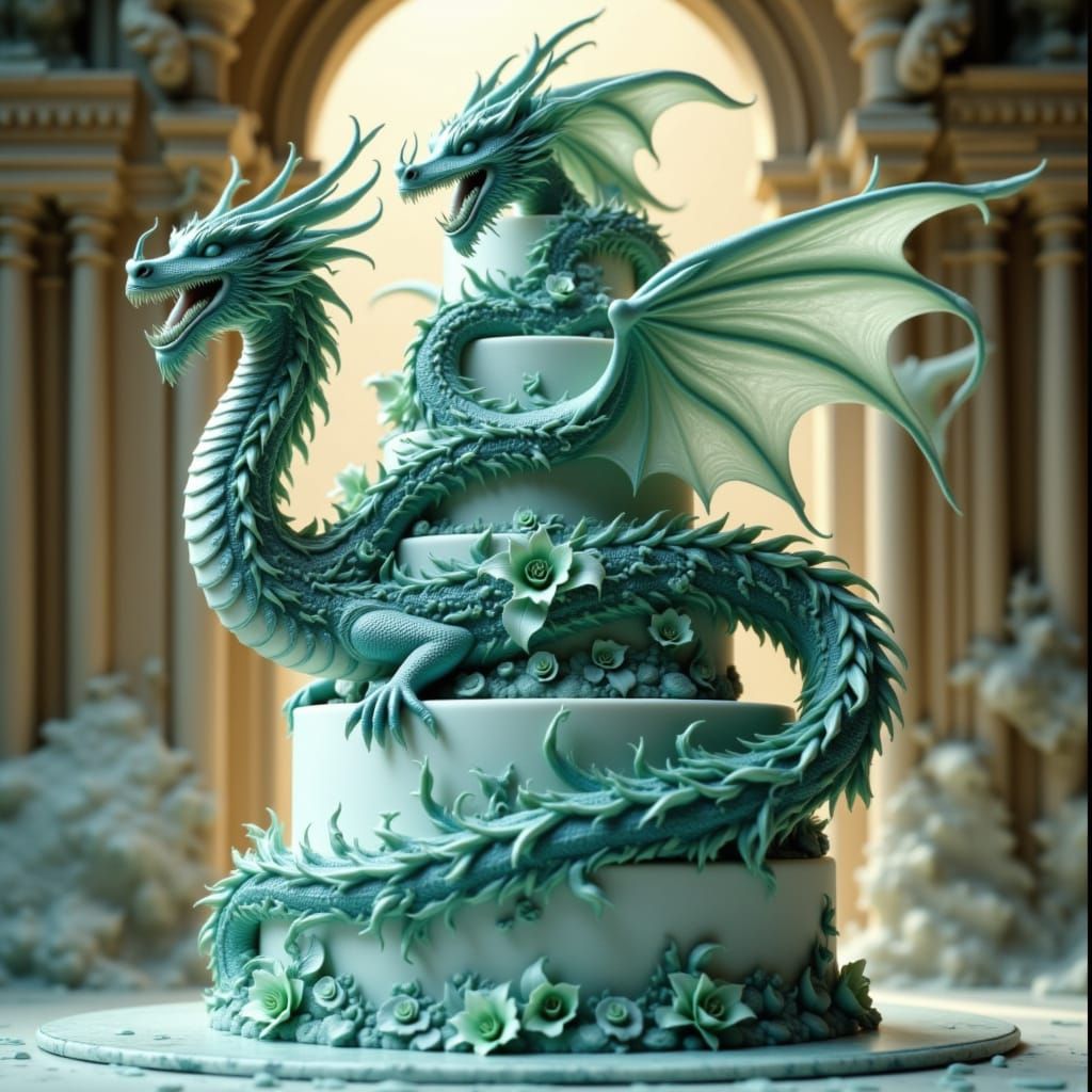 Art Nouveau-Inspired Cake with Majestic Dragon in Teal and G...