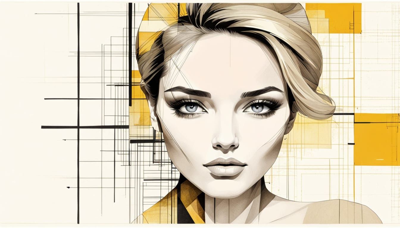 Abstract Ink Portrait of Woman Blending Realism and Geometry