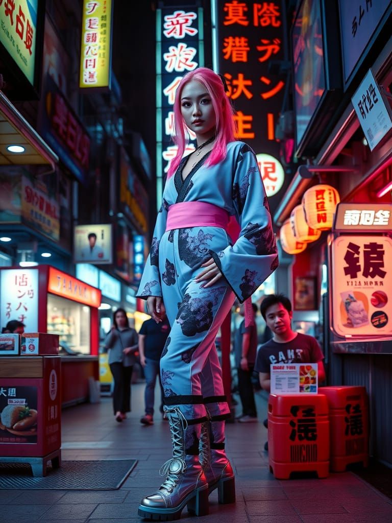 Tokyo Street Style: Cyberpunk Kimono in Neon Market