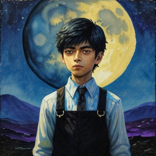 Young Boy Contemplates the Moon