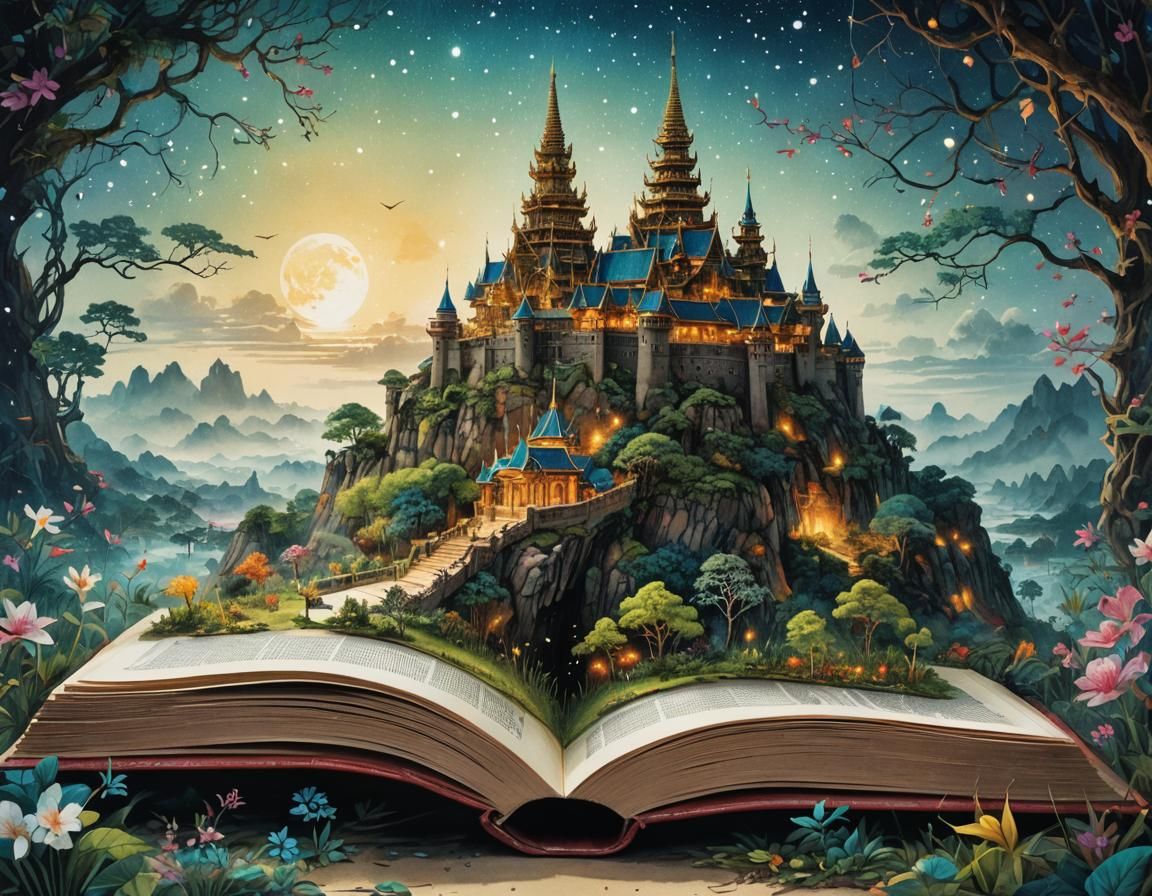 Enchanted Fantasy Realm Emerging from Ancient Tome